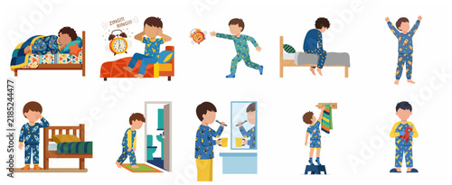 Cute Little Boy Morning Routine and Daily Activities Vector Illustration Set