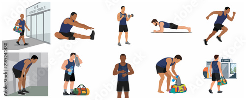 Collection of flat illustrations showing men engaged in various fitness routines, gym workouts, running, and healthy lifestyle activities.