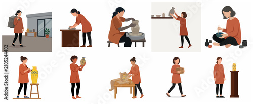 Pottery Making Process Illustration Set of Woman Artisan Creating Ceramic Vases