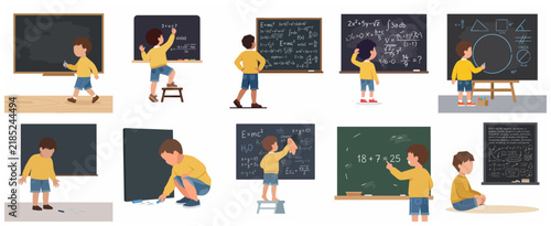 Little boy student learning math and science on chalkboard set. School education vector illustrations of a child solving equations, drawing shapes, and studying in classroom.