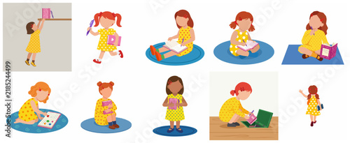 Flat vector illustration set of a young girl reading, writing, studying, and carrying books for school, education, and childhood learning concepts.