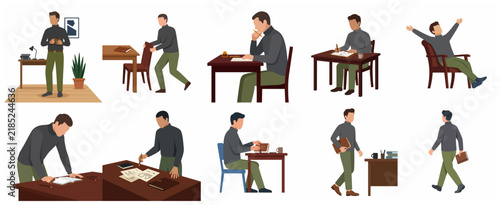 Flat illustration set of a creative man working, writing in a journal, and thinking at his office desk in various poses.