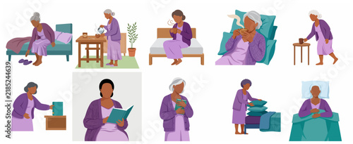 Set of illustrations depicting a senior African American woman's daily routine, including waking up, drinking tea, reading, and preparing for sleep.