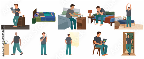 Daily Morning Routine Vector Illustrations Set of a Man Waking Up Stretching and Getting Ready for Work