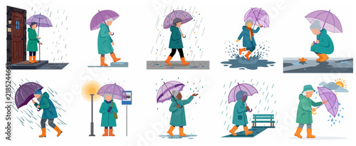 Set of illustrations featuring an elderly woman enjoying activities on a rainy day with her purple umbrella and green raincoat