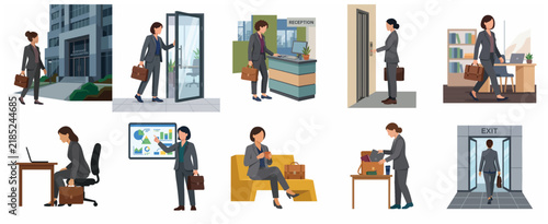 Businesswoman Daily Office Routine and Work Lifestyle Illustrations Set