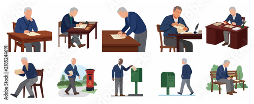 Elderly man writing and mailing traditional paper letters collection flat vector illustration