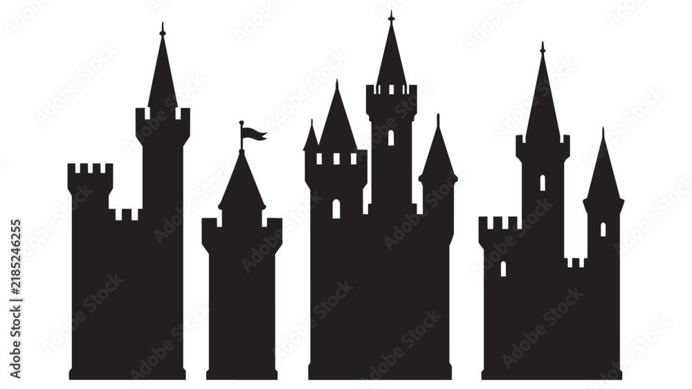 Fototapeta premium Black silhouette castle towers with flags illustration
