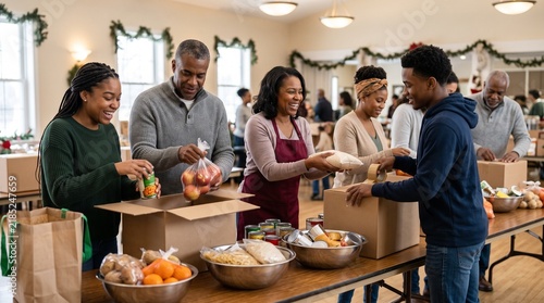 Volunteers preparing food packages together for community service event  