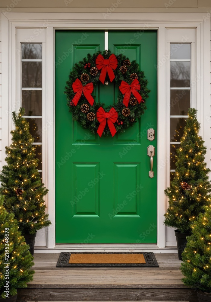 Fototapeta premium A vibrant green front door features a festive Christmas wreath with red bows, flanked by mini trees and glowing lights on a cozy porch, atmosphere, lights, bows