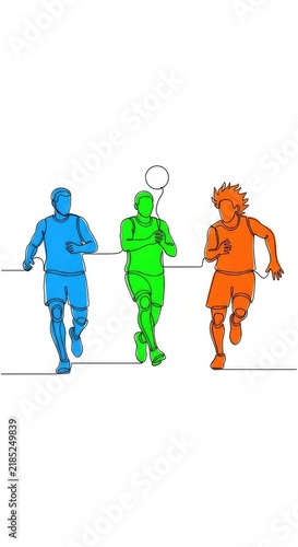 Minimalist continuous line drawing featuring three athletic silhouettes in motion, poised to strike a ball against a clean white background, simple, motion, exercise