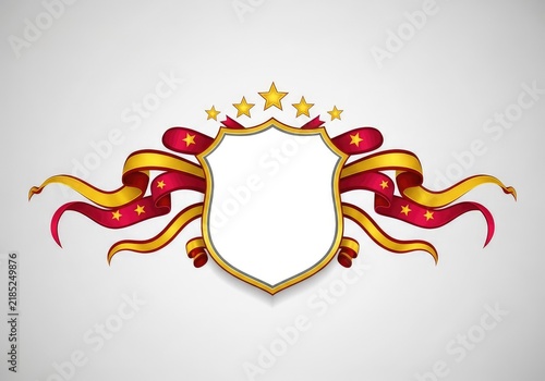 A vintage style crest design featuring a blank shield with flowing ribbons and decorative star embellishments on a neutral background, elegant, luxury, heraldry
