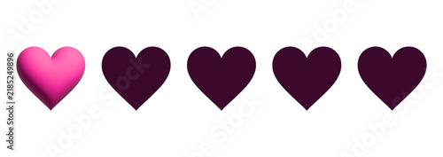 One heart rating scale with single filled pink element on transparent background. 3D elements