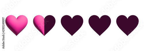 One point five heart rating scale with one full and half element on transparent background. 3D elements