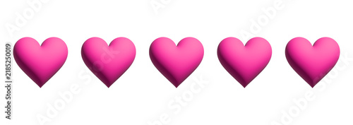 Five heart rating scale fully filled with glowing pink elements on transparent background. 3D elements