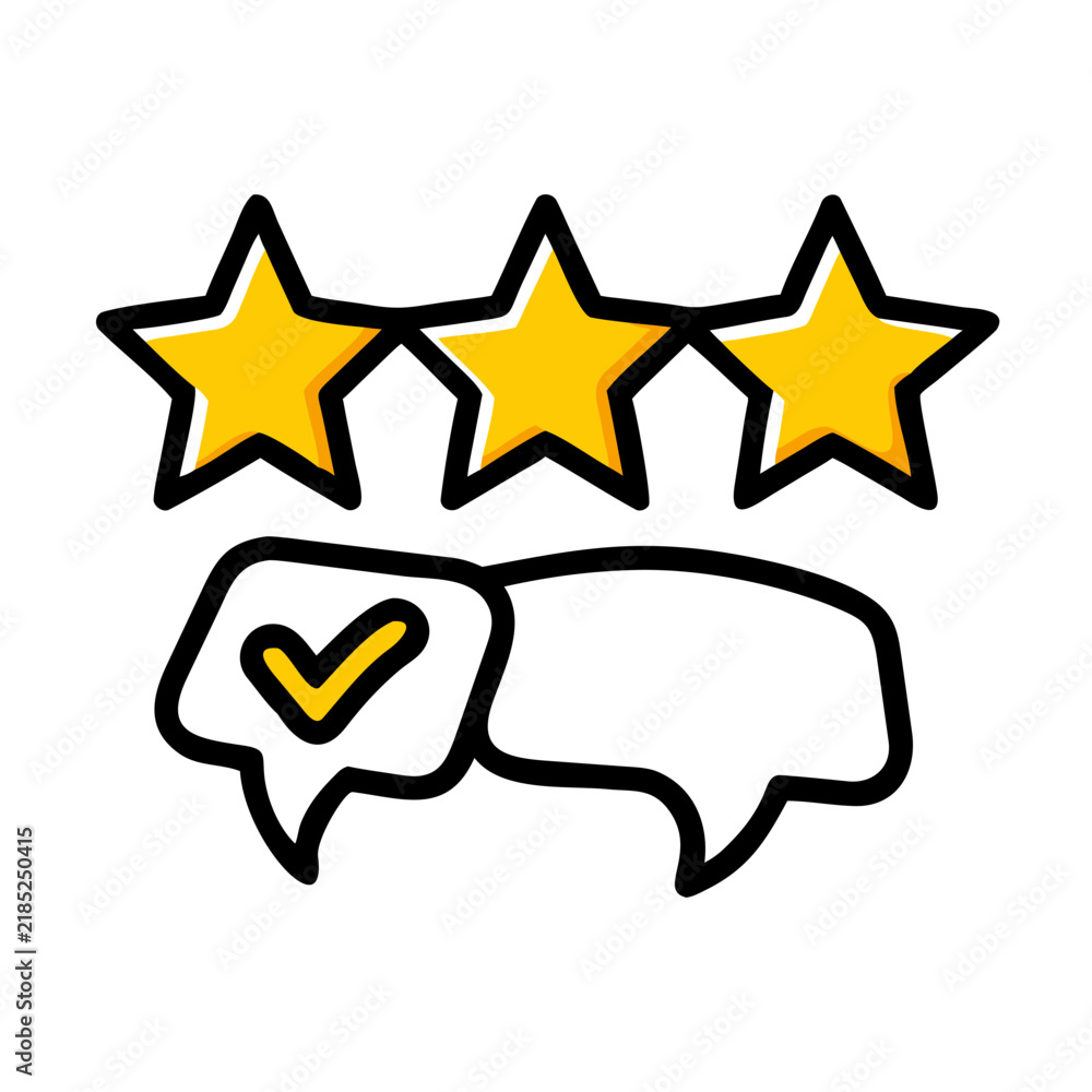 Fototapeta premium Hand drawn feedback with three stars and check mark speech bubble.