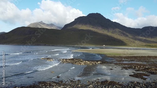 Peaceful Drone Flight Along Camasunary Bay Coast with Bothy and Mountains, Isle of Skye