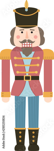 Traditional Christmas nutcracker soldier wearing red jacket, blue striped pants, boots with buttons and dark cap with gold trim isolated on white background.