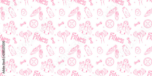Seamless rectangular pattern featuring pink line-art fitness elements on a transparent background.