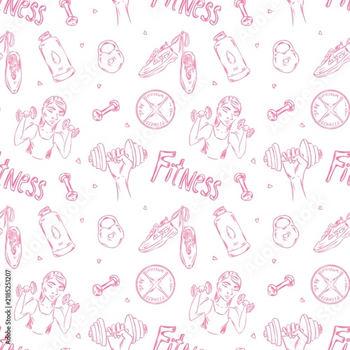 Seamless square pattern featuring pink line-art fitness elements on a white background.