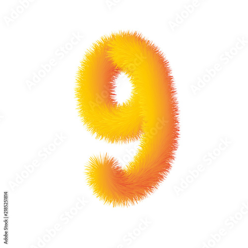 Fluffy vibrant yellow and orange fur number 9 on transparent background