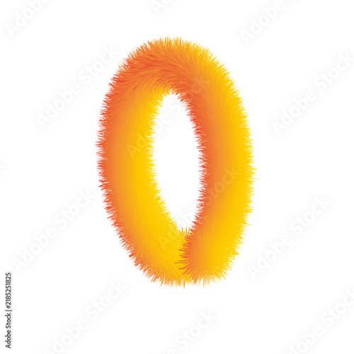 Fluffy vibrant yellow and orange fur number 0 on transparent background