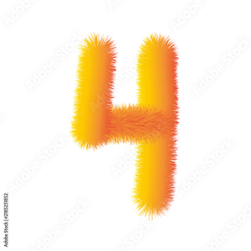 Fluffy vibrant yellow and orange fur number 4 on transparent background