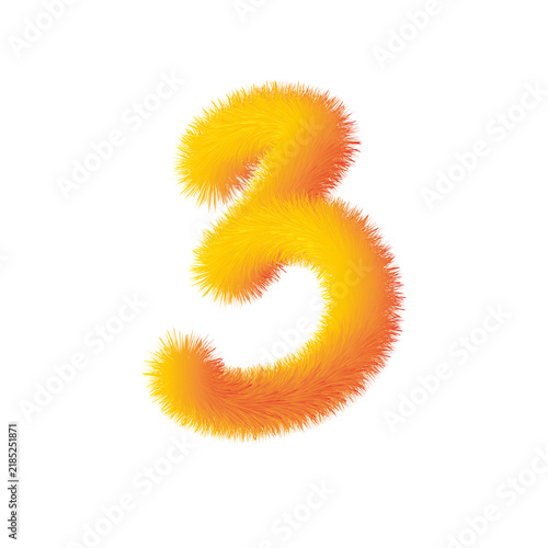 Fluffy vibrant yellow and orange fur number 3 on transparent background
