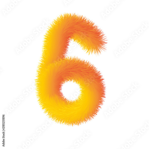 Fluffy vibrant yellow and orange fur number 6 on transparent background