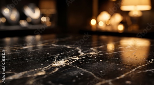 Black marble table surface with gold veins and warm bokeh background