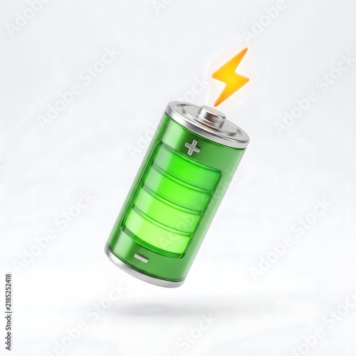 Stylized three-dimensional green battery with metallic silver terminals, plus sign, energy segments, and glowing yellow lightning bolt isolated on white background.