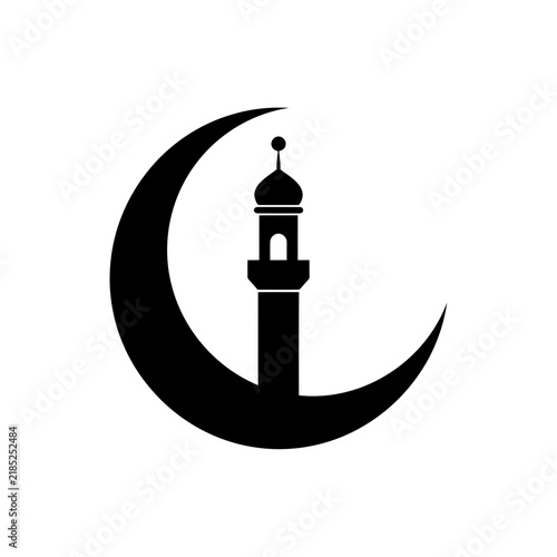 Crescent Moon with Mosque Minaret Black Silhouette Icon