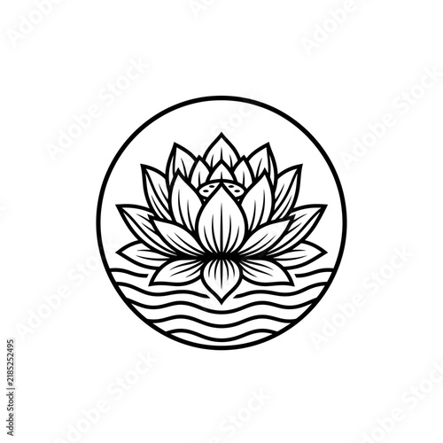 Lotus Flower Circular Black Line Art Emblem