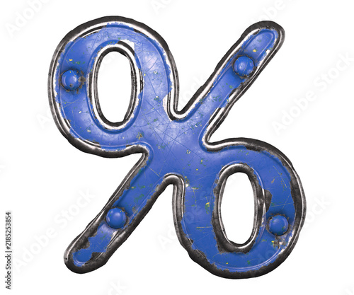 Blue scratched metal percent sign with rivets