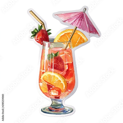 Watercolor tropical cocktail illustration with strawberry and orange slice. Perfect for summer beach bar menu design, party invitation sticker or restaurant beverage menu layout