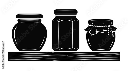 Vector illustration of three glass jars with lids on a wooden shelf on a transparent background