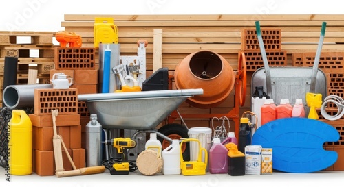 Various construction tools and building materials for home renovation illustration