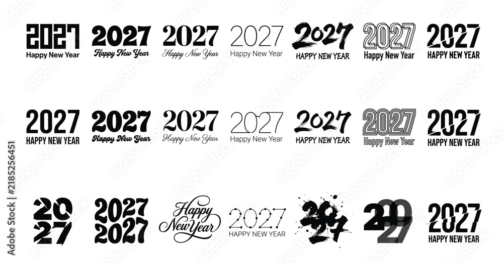 Obraz premium Happy New Year 2027 typography text design set, black and white 2027 number logo vector