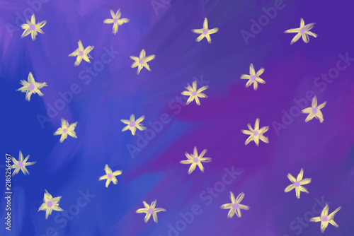 Deep purple and blue oil hand painted texture with yellow flowers elements. Artistic hand-drawn background
