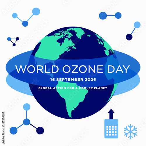 World Ozone Day vector illustration, Earth globe with protective atmosphere ring, global action for a cooler planet poster, 16 September 2026