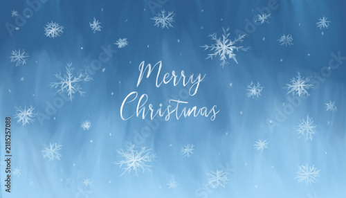 Winter blue watercolor texture with handwritten Merry Christmas lettering and white snowflakes. New Year background