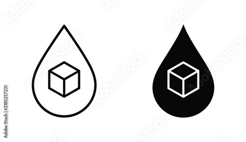 Foto Cube in Droplet Icon: A minimalist graphic representing a cube encased within two droplet shapes, one outlined in white and the other in solid black