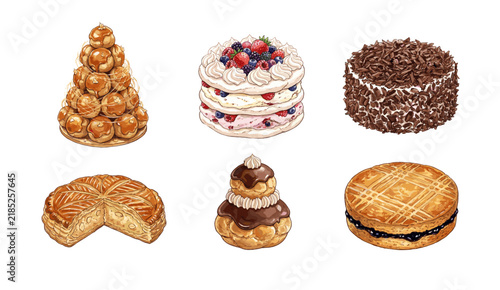 Obraz na płótnie Set of six delicious assorted classic French pastry desserts presented as a deta