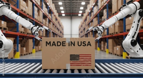 Robotic arms moving a box with made in usa label on a factory conveyor illustration