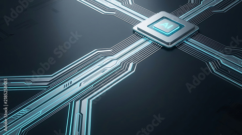 Obraz na płótnie AI Microchip on Circuit Board Dark Technology Background