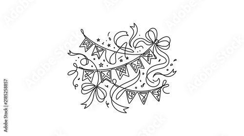 Continuous Line Art of Festive Party Bunting Flags with Ribbons and Stars