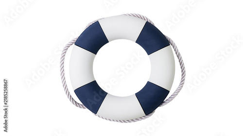 Fotografía Isolated traditional lifebuoy with blue and white sections and rope for maritime