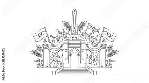 Continuous One Line Drawing of People Celebrating Independence Day at a Historic Monument