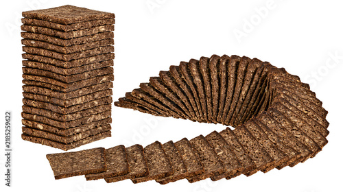 Photography Isolated stack of rectangular dark rye bread slices with seeds, next to fanned arrangement