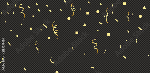 Golden Confetti Geometric Shapes and Spiral Streamers Falling on Transparent Dark Background for Festive Party, Celebration, New Year, Luxury Event Vector